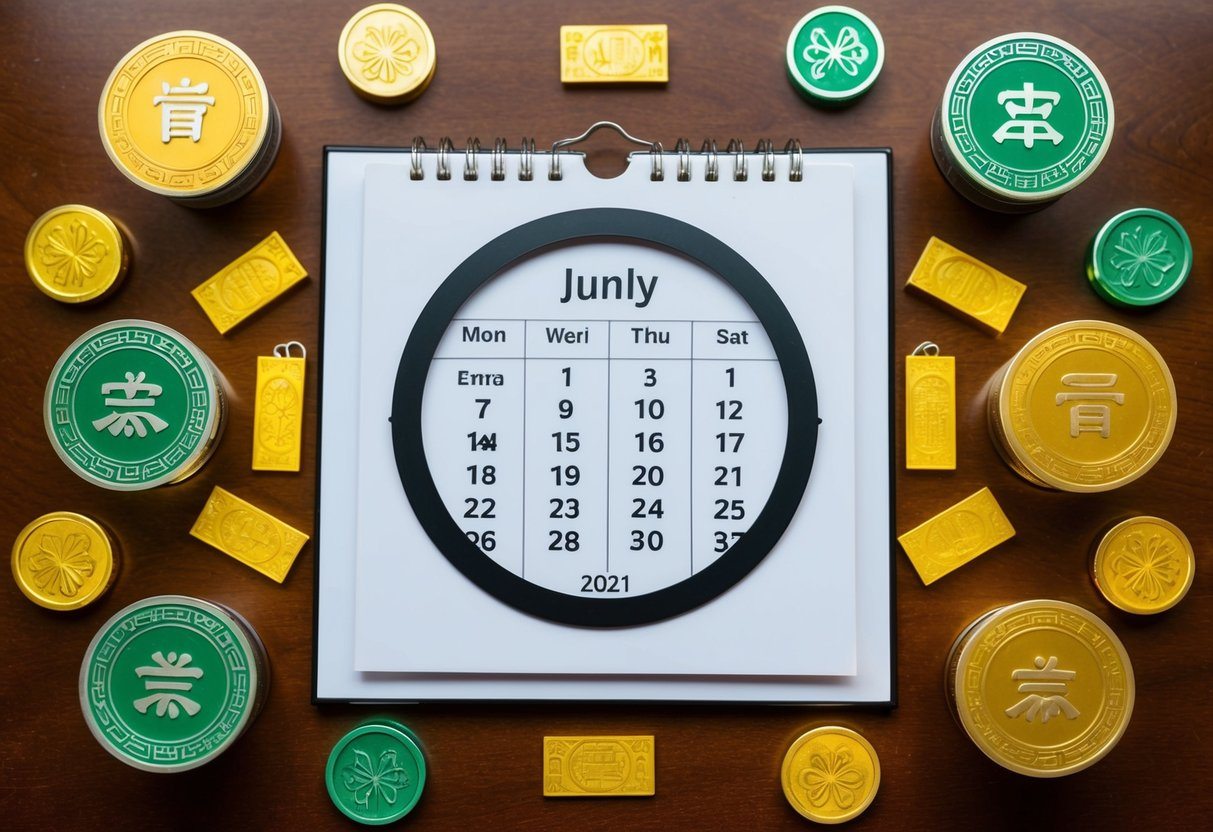 Um calendário com um círculo em torno de um mês específico, cercado por símbolos de sorte e fortuna