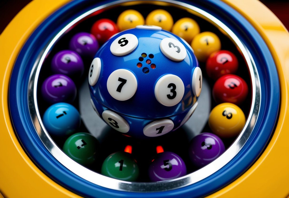 Uma máquina de loteria colorida girando com bolas numeradas dentro