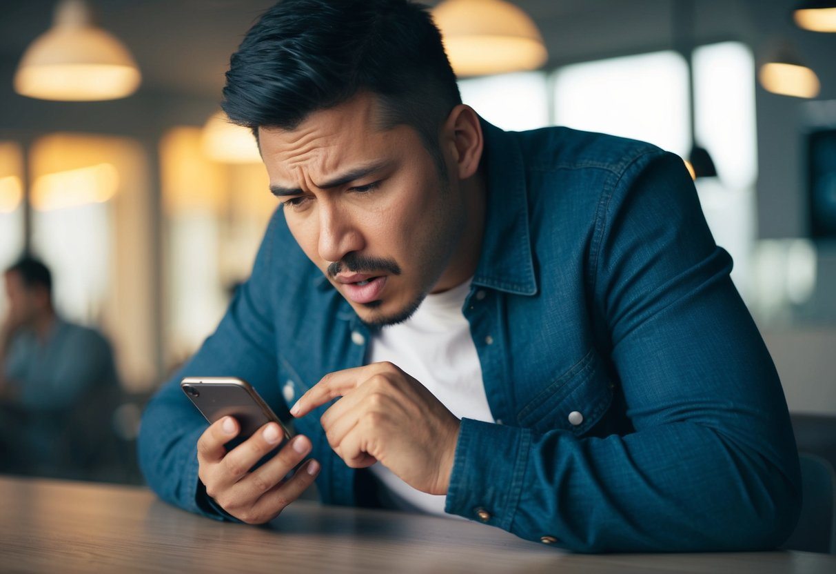 Uma pessoa frustrada olhando para um telefone com uma expressão perplexa, tocando na tela e parecendo confusa.