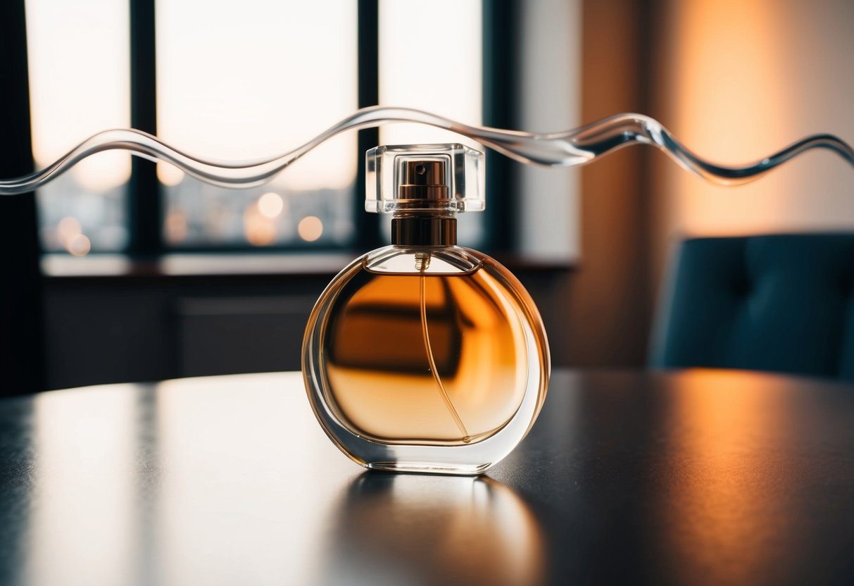 Uma sala com uma garrafa de perfume flutuante emitindo ondas de aroma