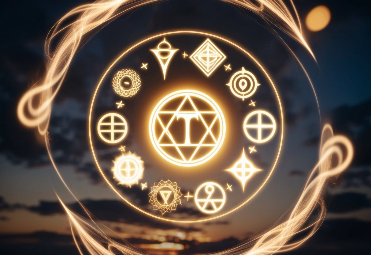 Um círculo de símbolos brilhantes, cada um representando um significado espiritual diferente, flutua no ar, cercado por uma energia giratória.