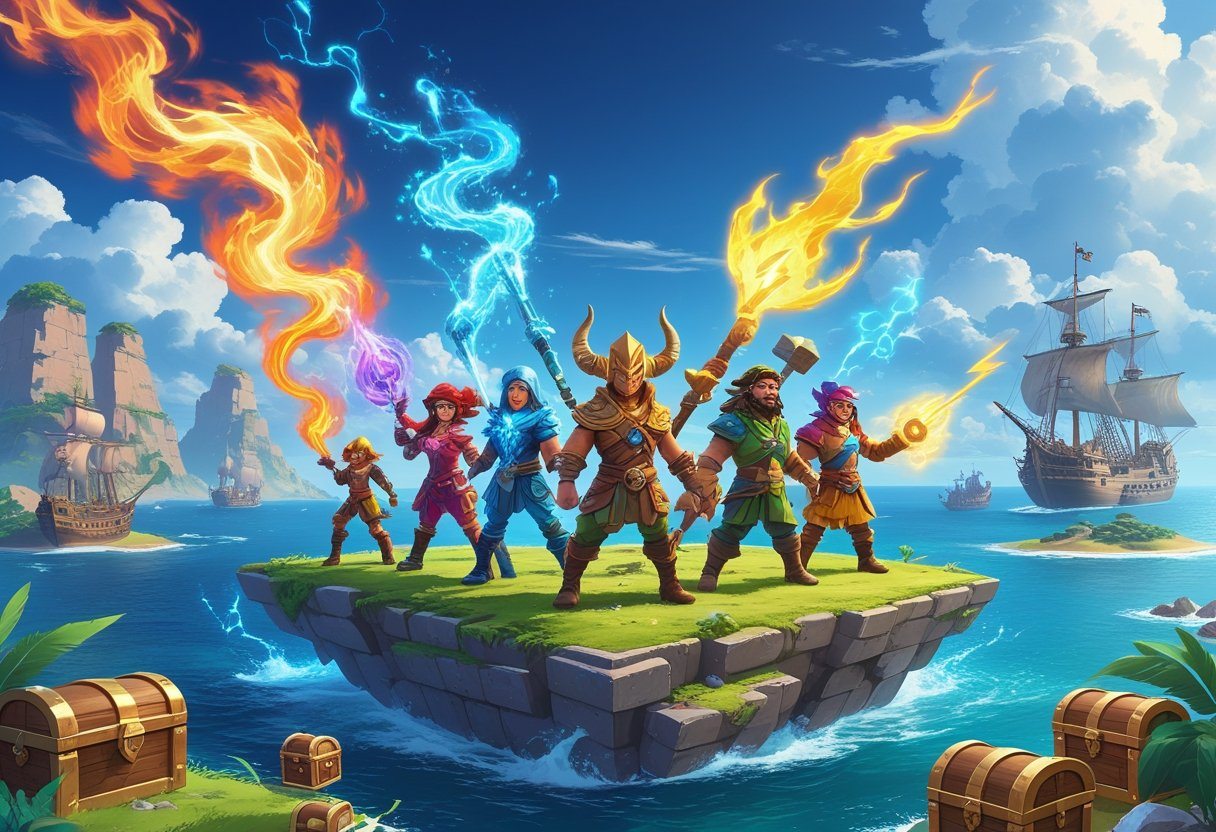 Personagens aventureiros em uma ilha flutuante com ruínas antigas e baús de tesouro, com um oceano e navios piratas ao fundo.