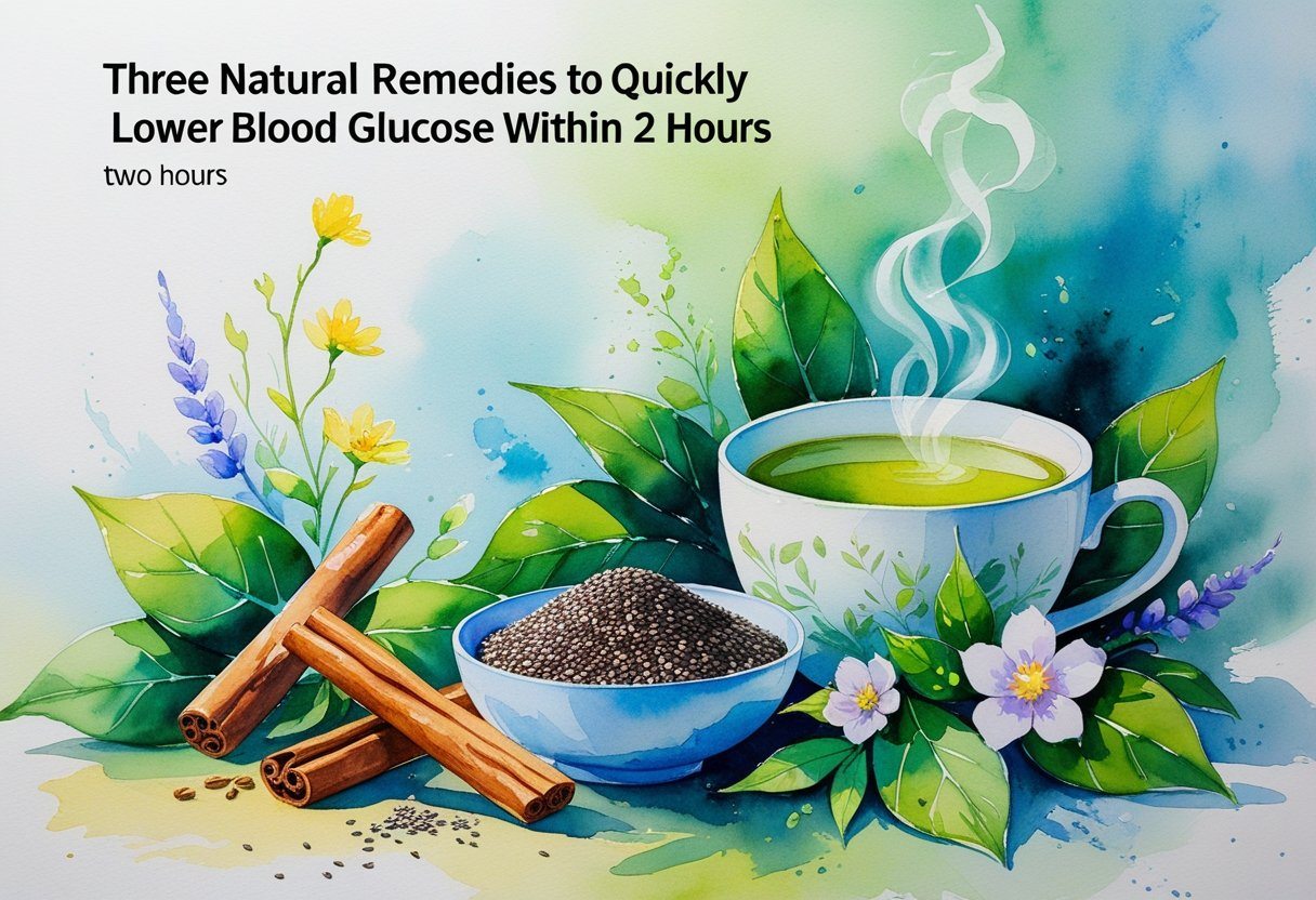 Uma composição com canela, sementes de chia e uma xícara de chá verde, rodeados por folhas verdes e flores, representando remédios naturais para baixar a glicose no sangue.