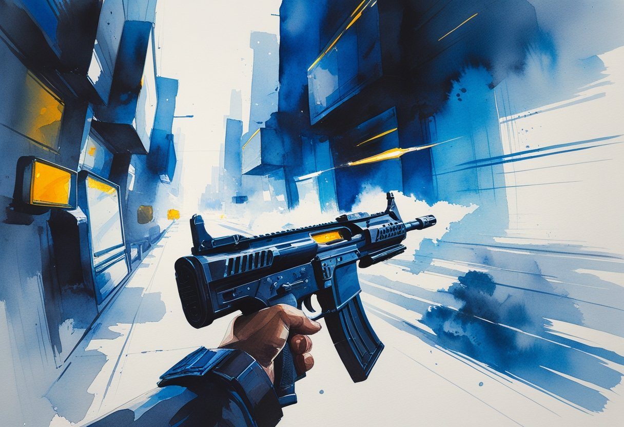 Cena de um jogo de tiro em primeira pessoa com um personagem segurando uma arma em um ambiente urbano de combate.
