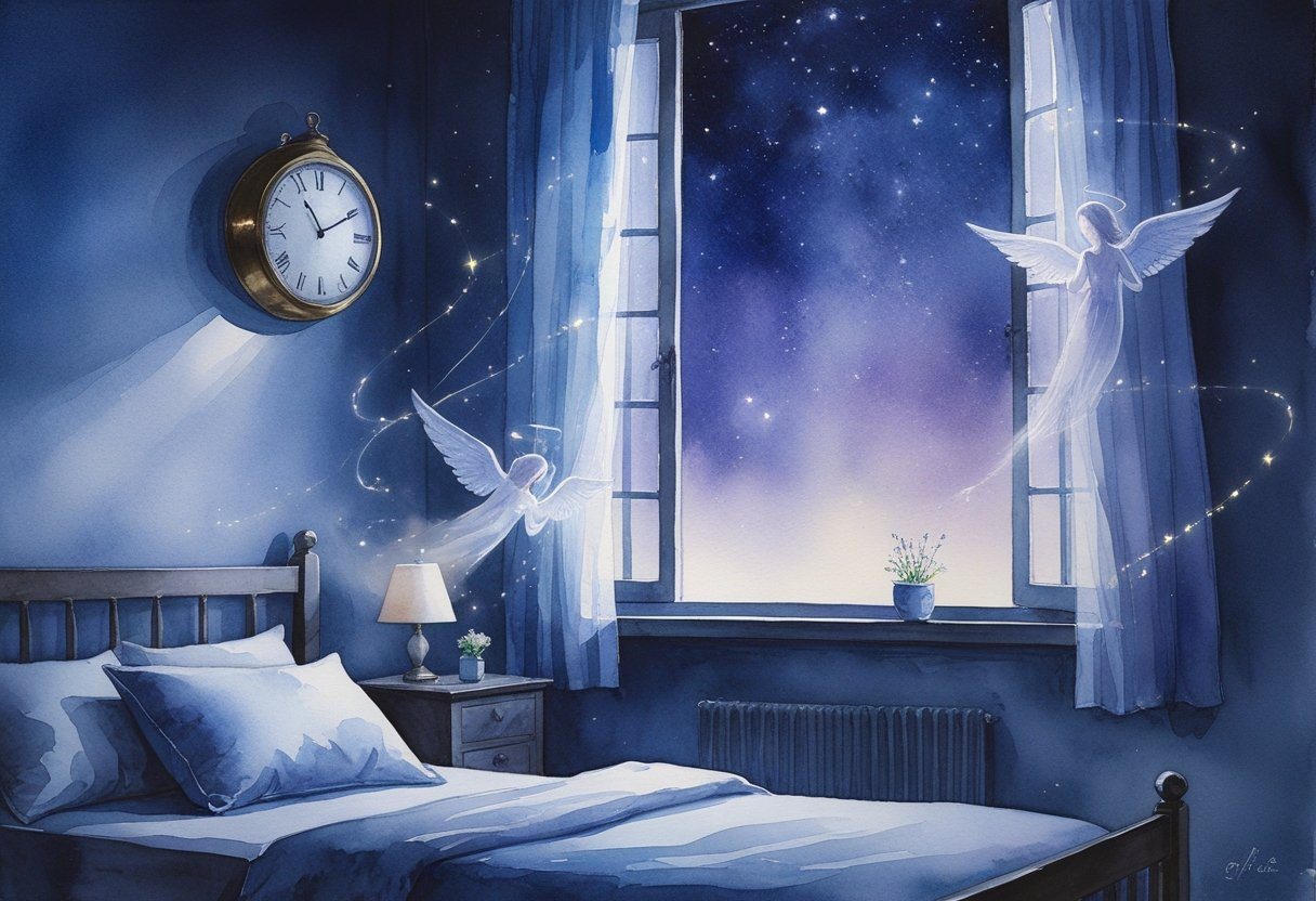 Quarto tranquilo à noite com um relógio marcando 3 horas da manhã e luz suave entrando pela janela, com figuras espirituais translúcidas flutuando no ar.