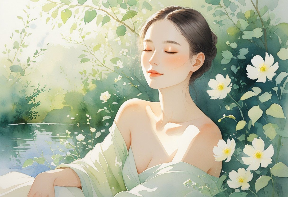 Mulher sentada em um jardim tranquilo cercada por flores e folhagens, com pele radiante e ambiente calmo.