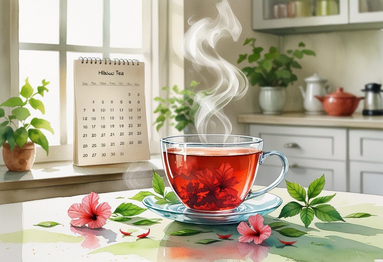 Uma xícara de chá de hibisco vermelho com flores e folhas ao redor, ao fundo um calendário desfocado indicando a passagem do tempo.