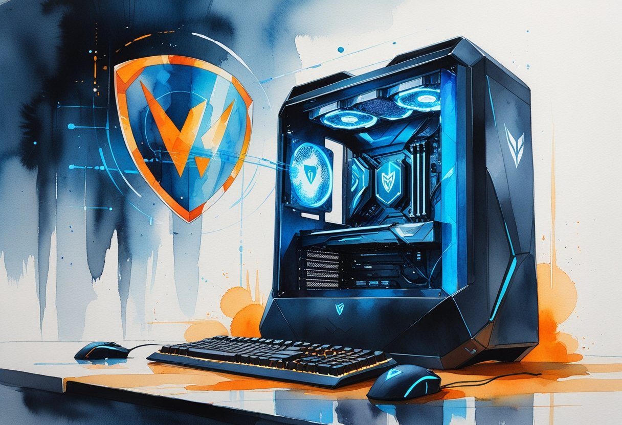Um setup de jogos futurista com um computador iluminado e um escudo holográfico acima do teclado, simbolizando proteção e segurança digital.