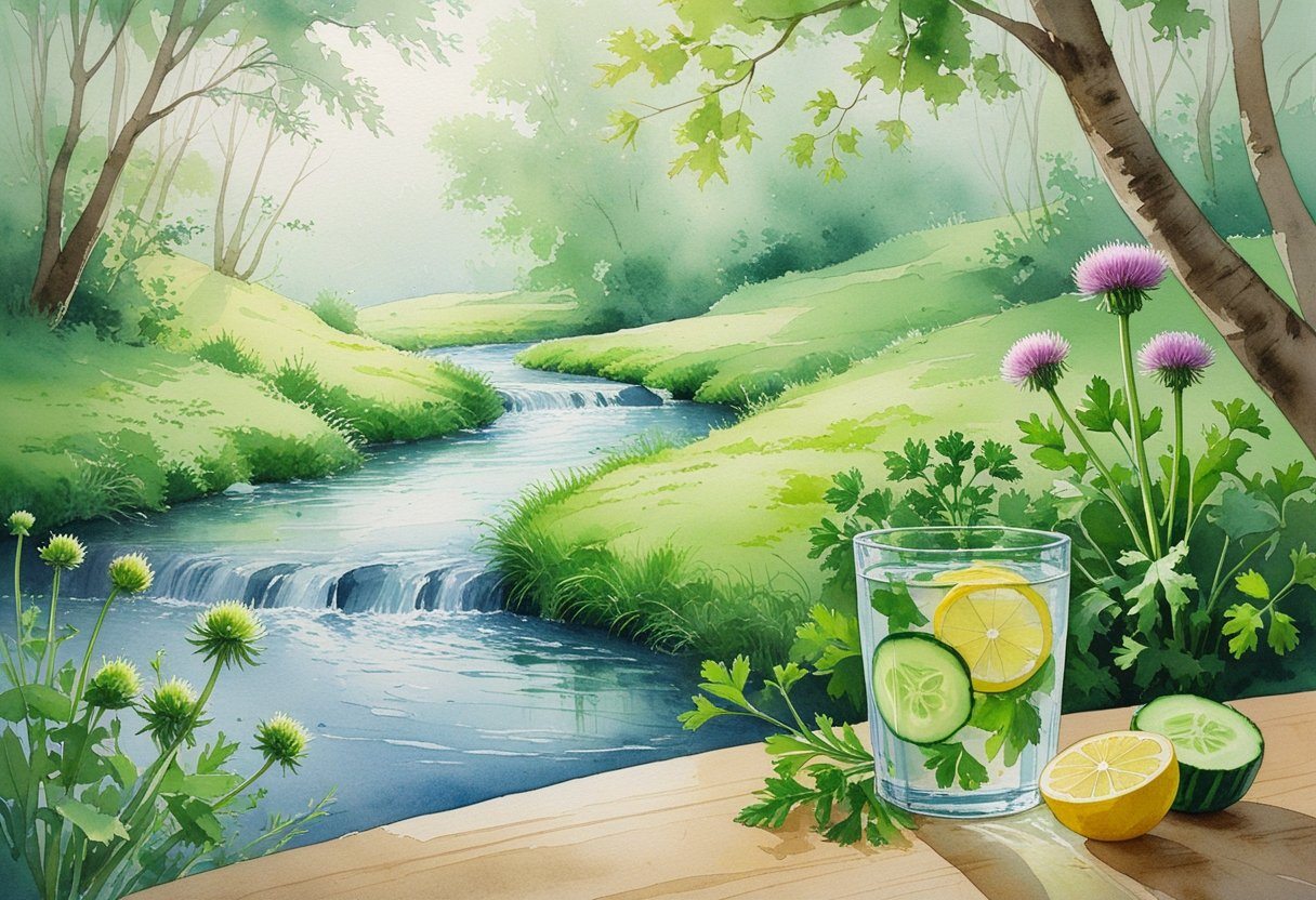 Um rio tranquilo cercado por plantas medicinais e uma mesa com um copo de água com limão e pepino, representando limpeza do fígado e rins.