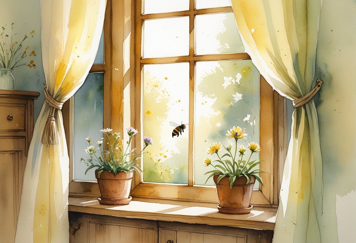 Interior de uma casa com uma abelha voando próxima a uma flor em um parapeito de janela, transmitindo uma sensação de harmonia e tranquilidade.