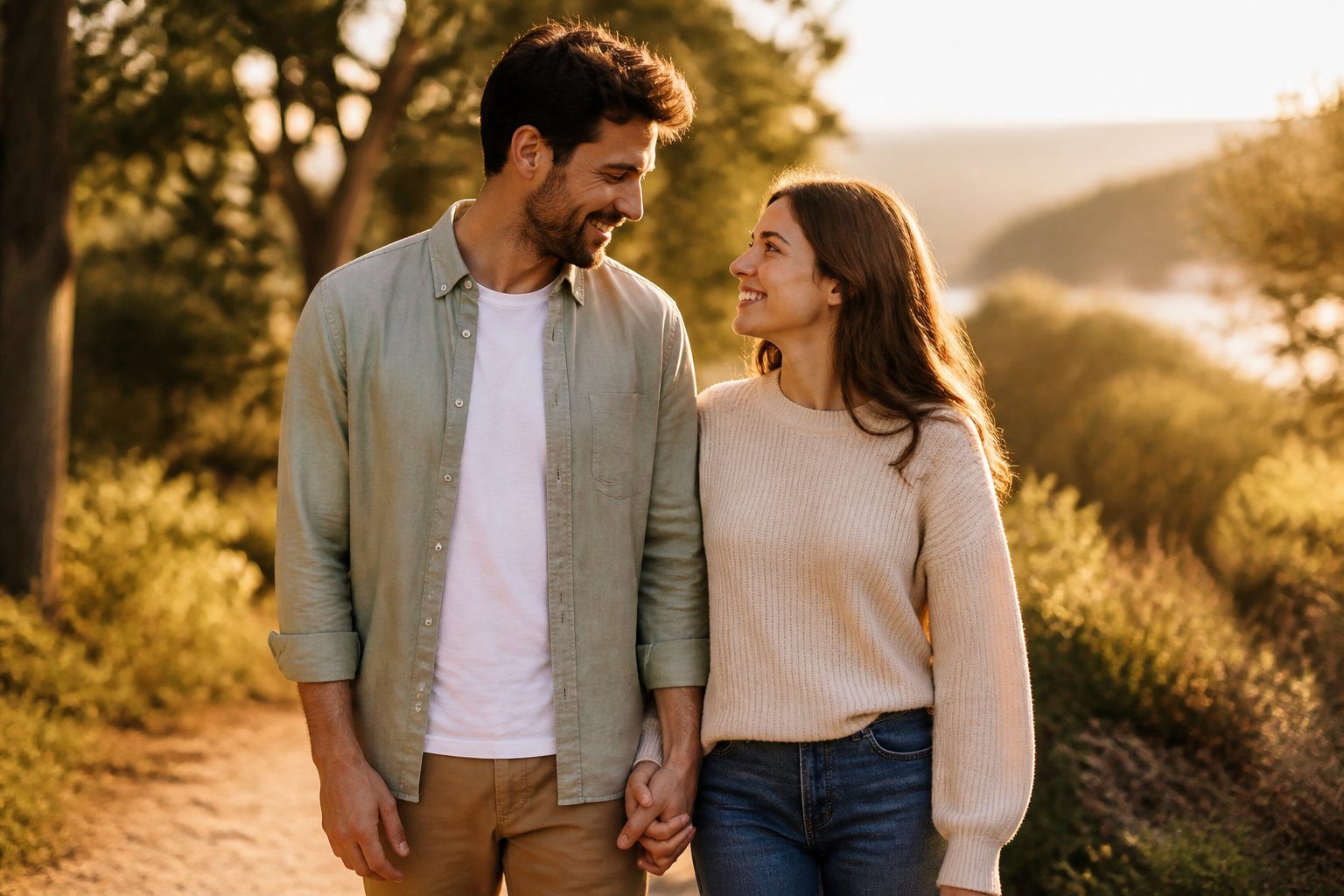 Um casal sorrindo e de mãos dadas em um ambiente ao ar livre com luz suave do entardecer.